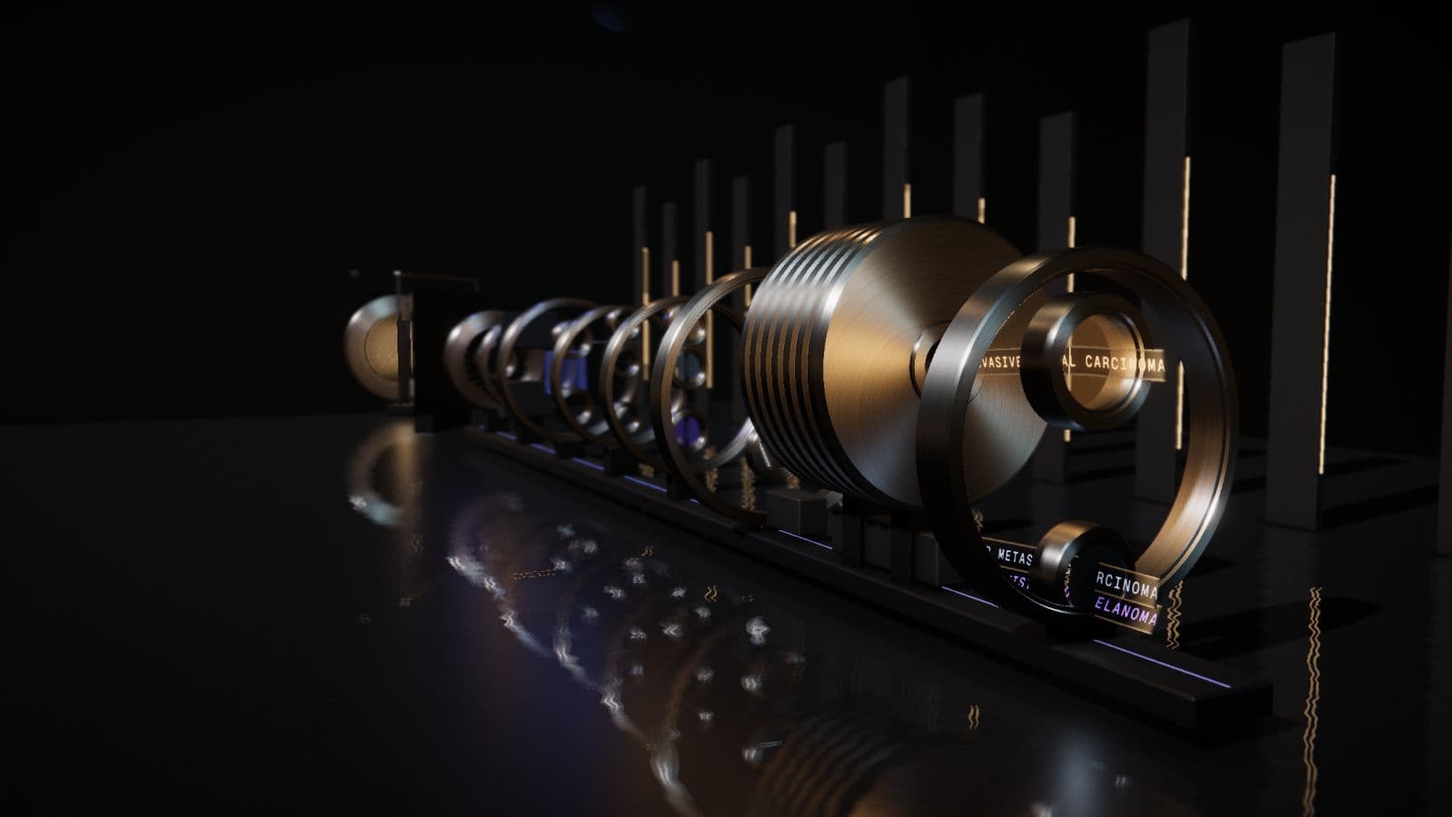 The RAVEN pipeline rendered as eight machined stages along one bench, from the parse to the decision, with a synthetic report travelling it.